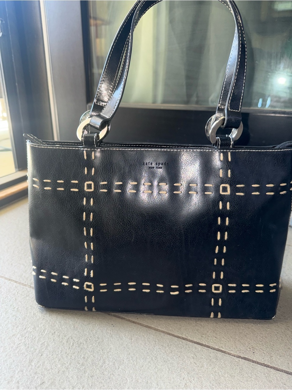 Kate Spade New York Vintage Black Leather Grid Stitch Bag Shoulder Purse Classic